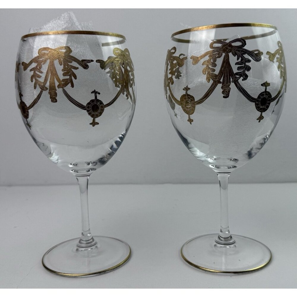 Vtg Gold Rim Wine Glasses Set of 2 Etched Floral Garland Goblets Elegant Barware